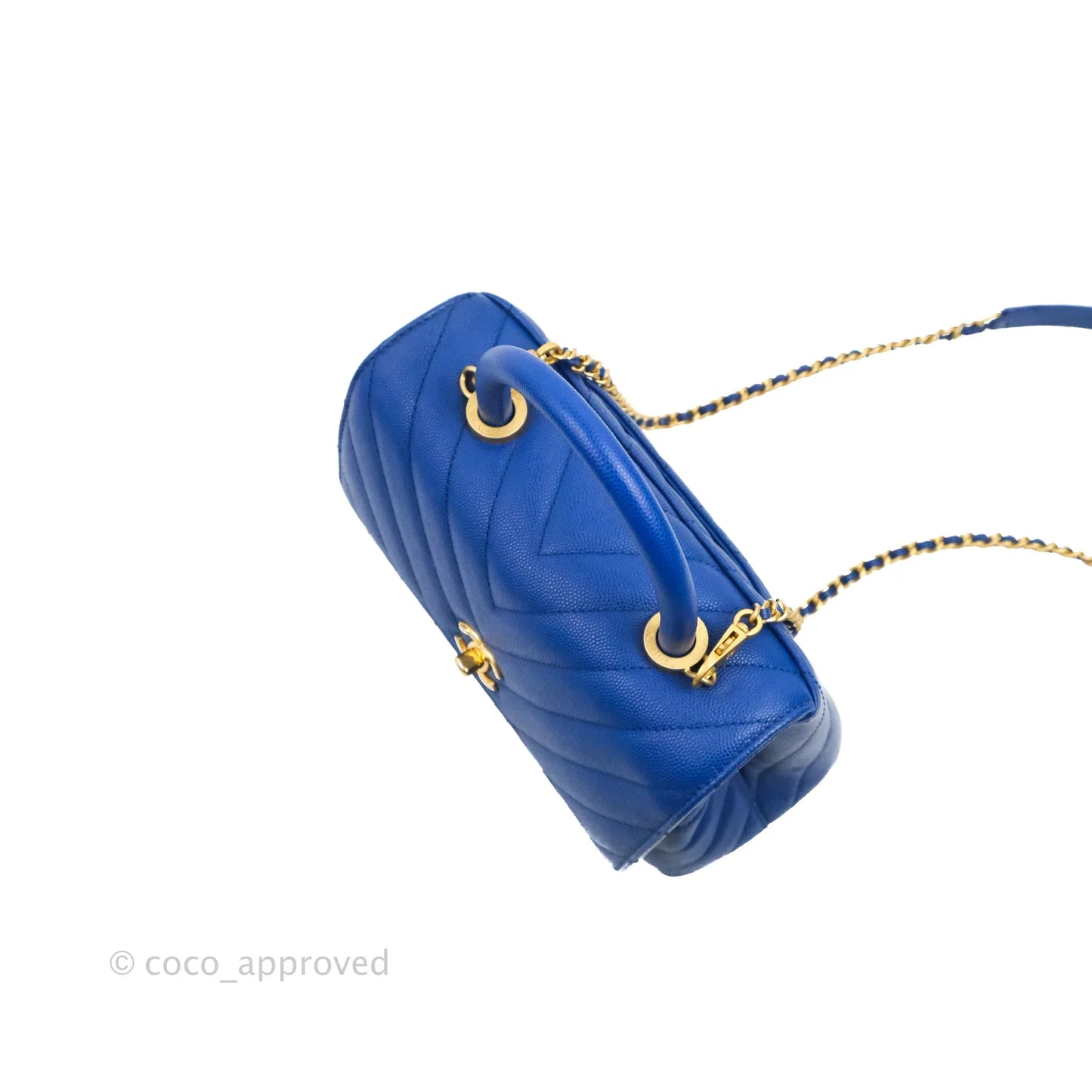 Chanel Small Coco Handle Chevron Blue Caviar Aged Gold Hardware