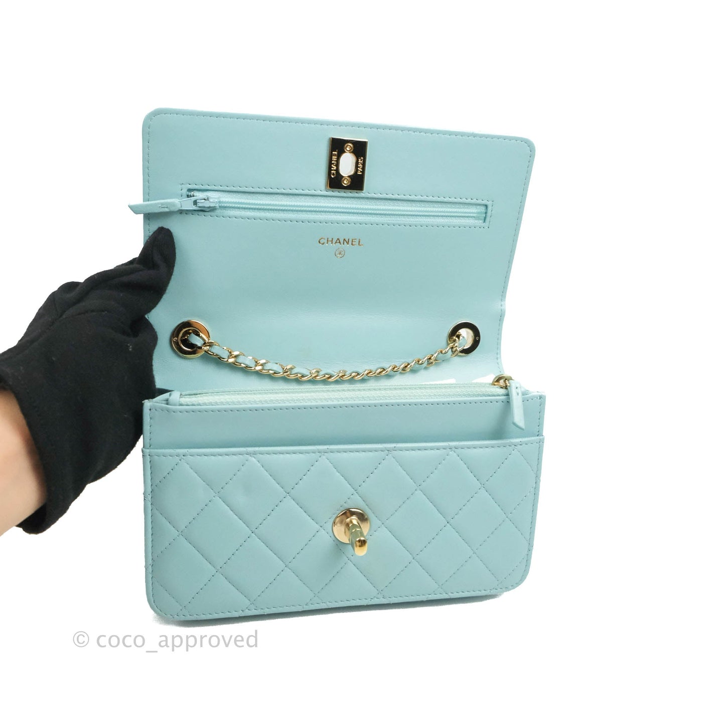 Chanel Trendy CC Quilted Wallet on Chain WOC Tiffany Blue Lambskin Gold Hardware