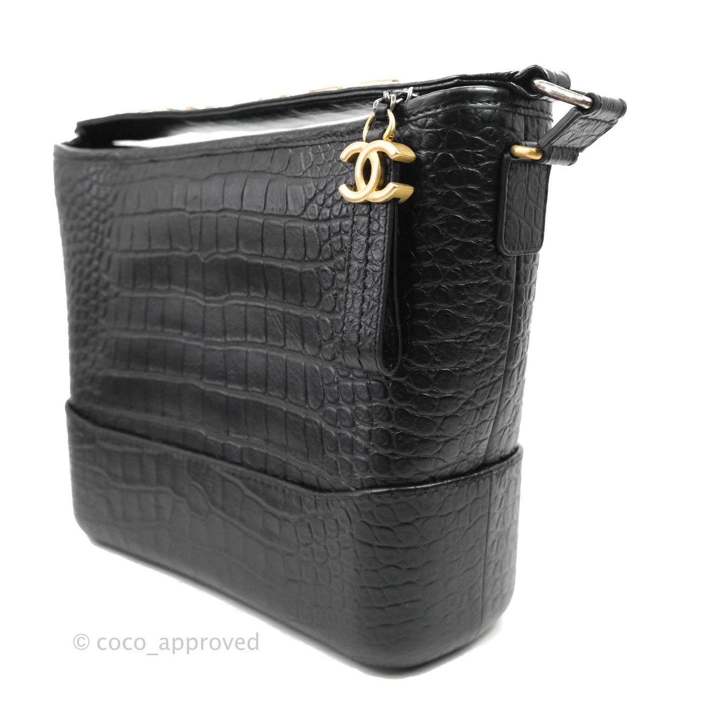 Chanel Large Gabrielle Hobo Crocodile Embossed Black Calfskin