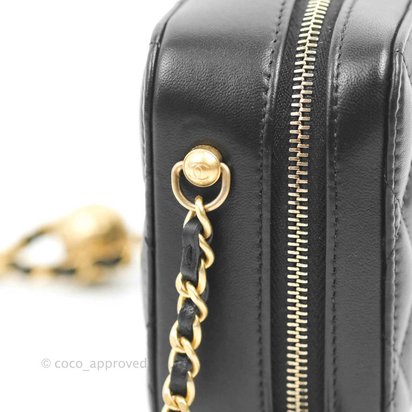 Chanel Mini Pearl Crush Quilted Camera Case Black Lambskin Aged Gold Hardware