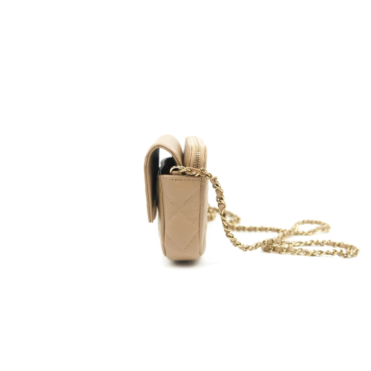 Chanel Classic Flap Phone Holder With Chain Dark Beige Caviar Gold Hardware 22A