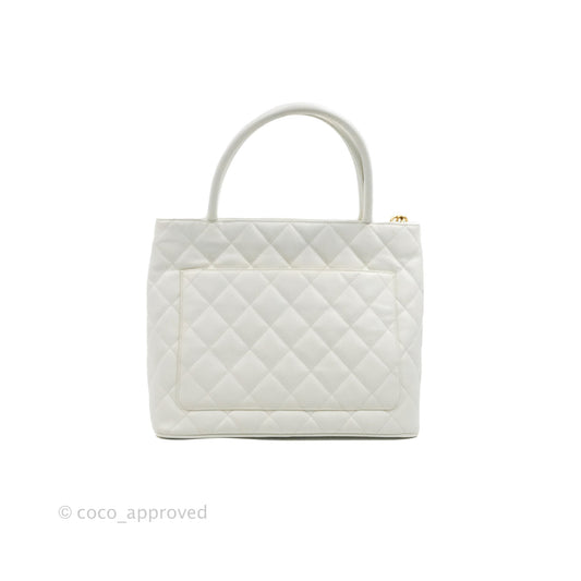Chanel Vintage Medallion CC White Caviar Tote Bag Gold Hardware