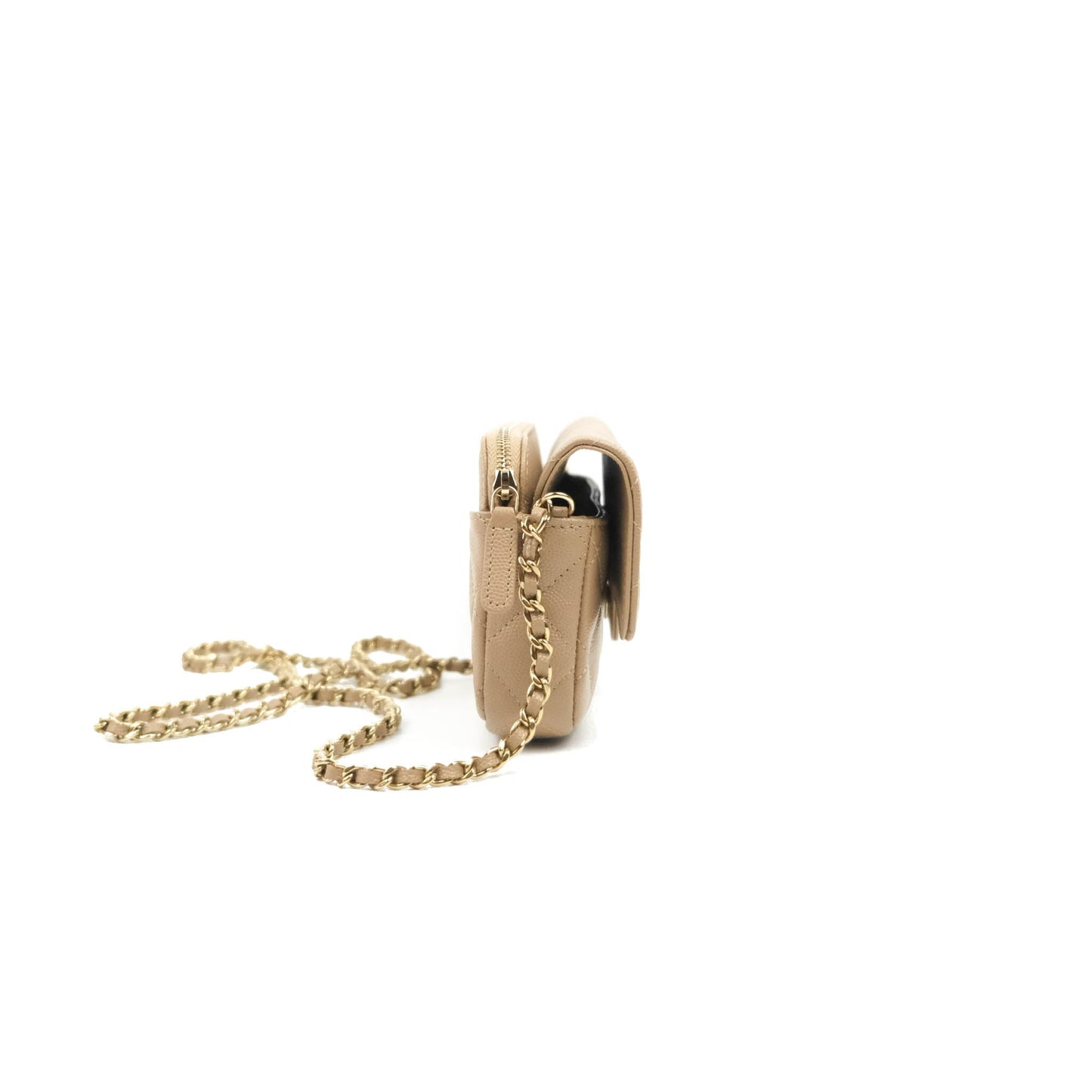 Chanel Classic Flap Phone Holder With Chain Dark Beige Caviar Gold Hardware 22A