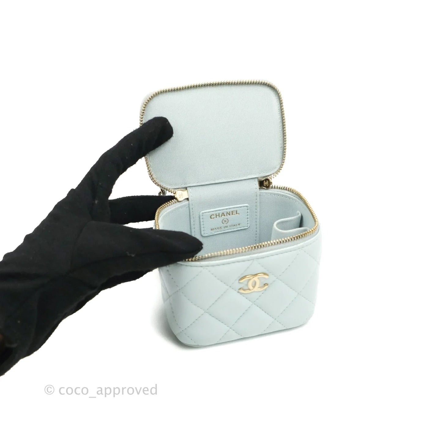 Chanel Mini Top Handle Vanity With Chain Light Blue Lambskin Gold Hardware
