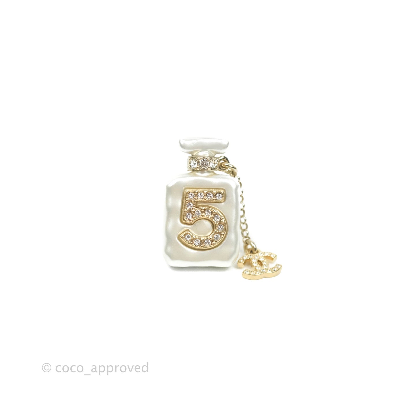 Chanel No5 Perfume Bottle Pearl Pin Brooch Gold Tone 22S