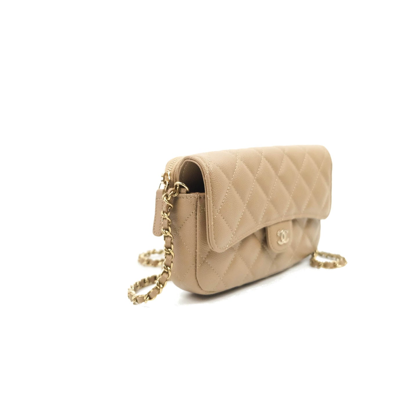 Chanel Classic Flap Phone Holder With Chain Dark Beige Caviar Gold Hardware 22A