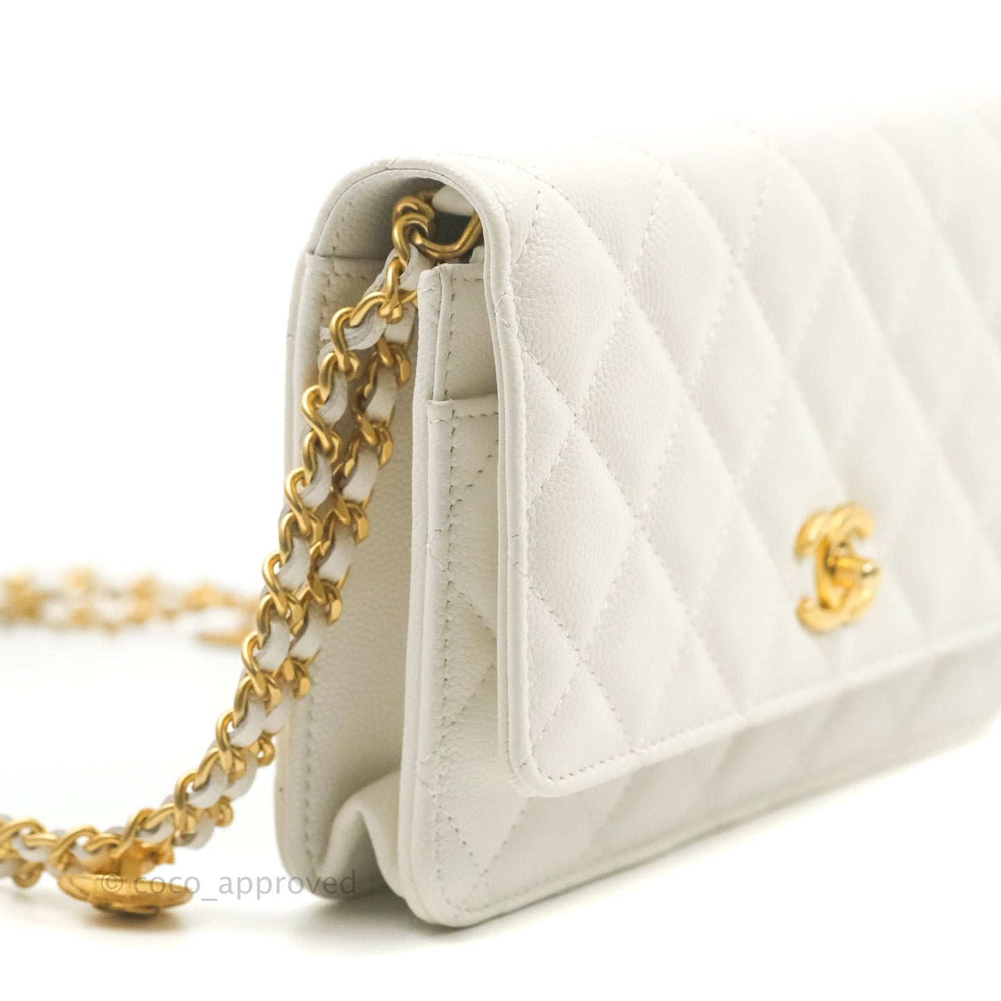Chanel Quilted Gold CC Coin Wallet on Chain WOC White Caviar Gold Hardware