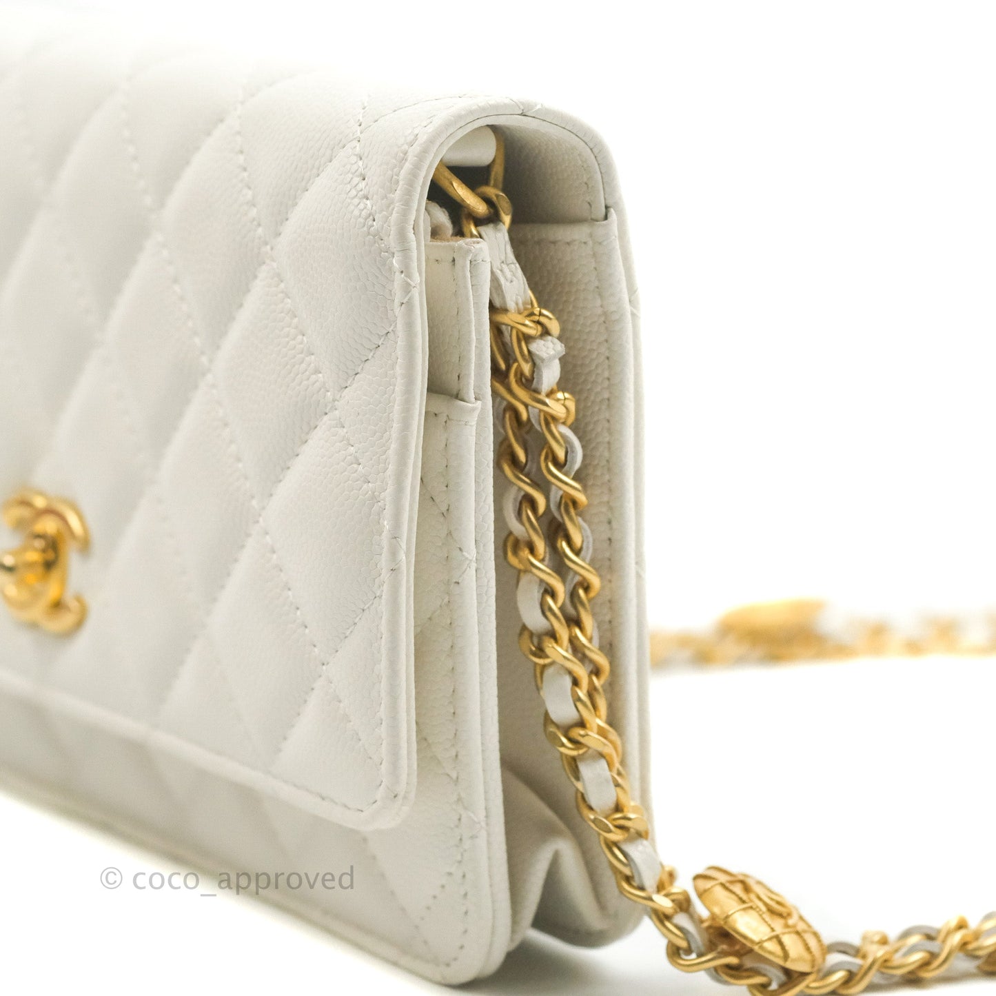 Chanel Quilted Gold CC Coin Wallet on Chain WOC White Caviar Gold Hardware