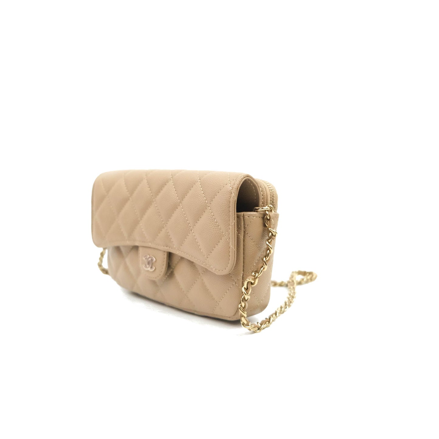 Chanel Classic Flap Phone Holder With Chain Dark Beige Caviar Gold Hardware 22A