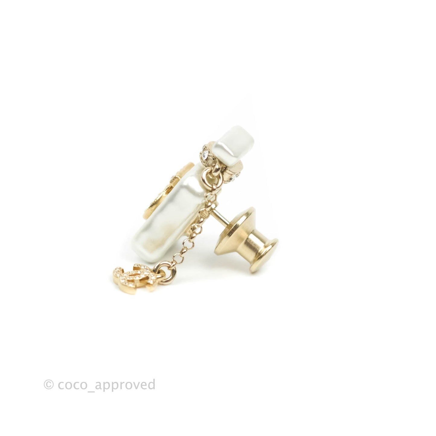 Chanel No5 Perfume Bottle Pearl Pin Brooch Gold Tone 22S