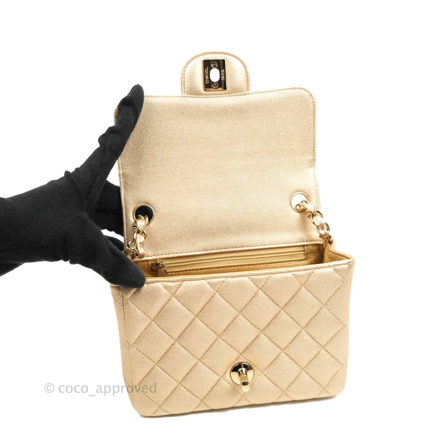 Chanel Classic Quilted Mini Square Flap Iridescent Gold Gold Hardware 21P