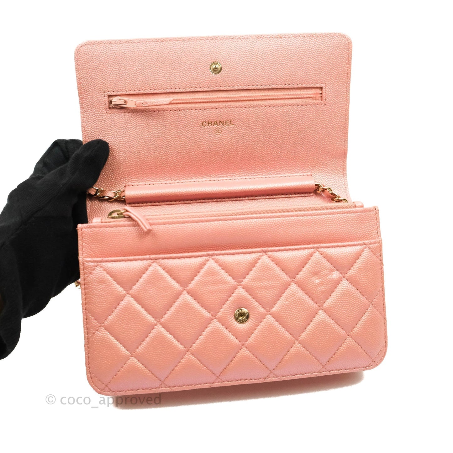 Chanel Quilted Wallet on Chain WOC Iridescent Pink Caviar Gold Hardware 19S