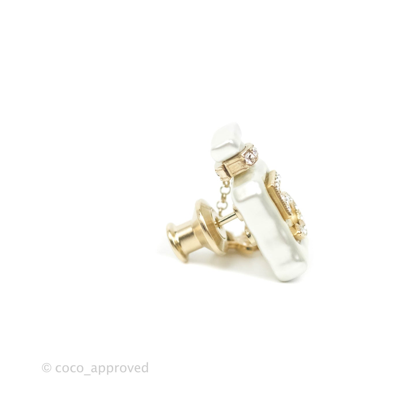 Chanel No5 Perfume Bottle Pearl Pin Brooch Gold Tone 22S