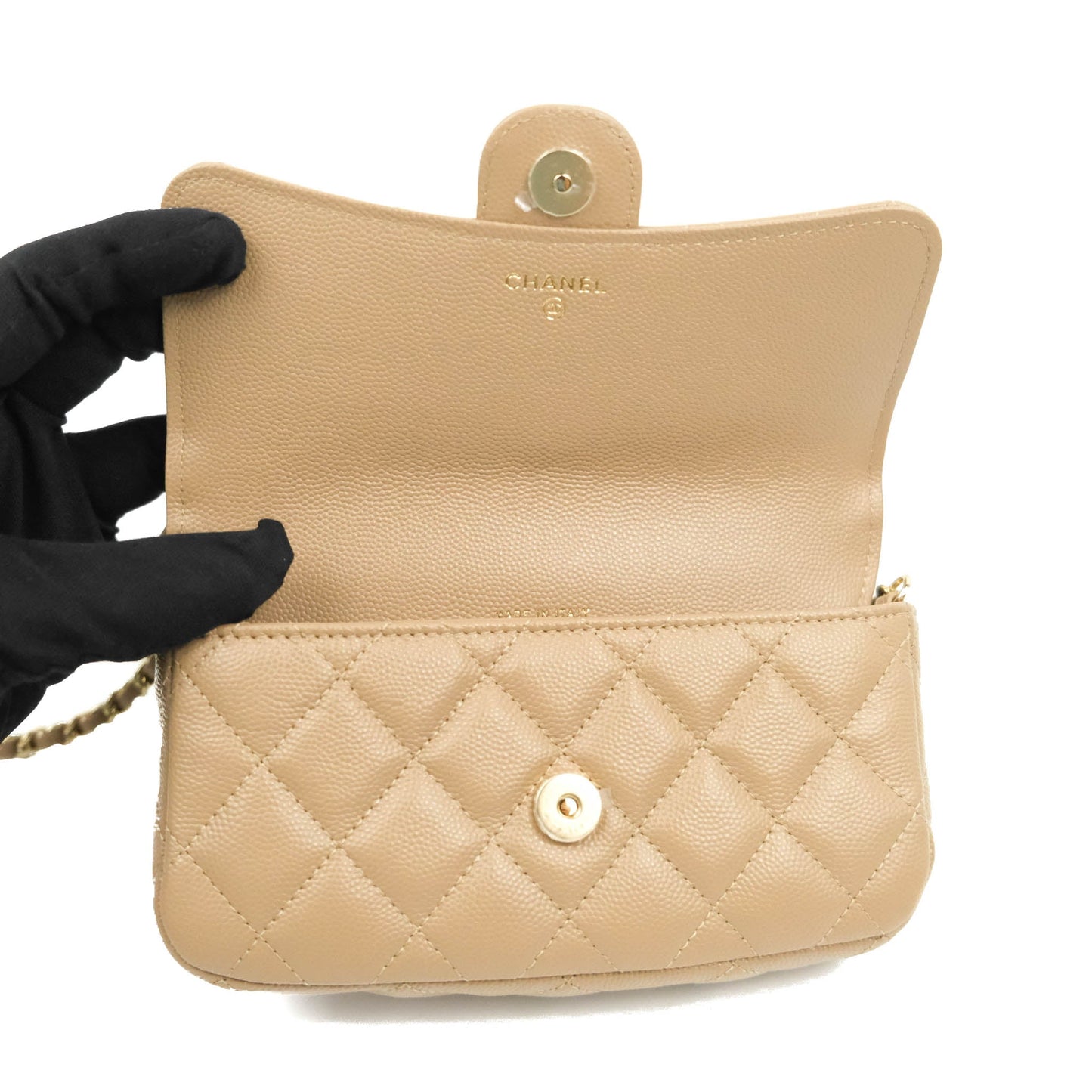 Chanel Classic Flap Phone Holder With Chain Dark Beige Caviar Gold Hardware 22A