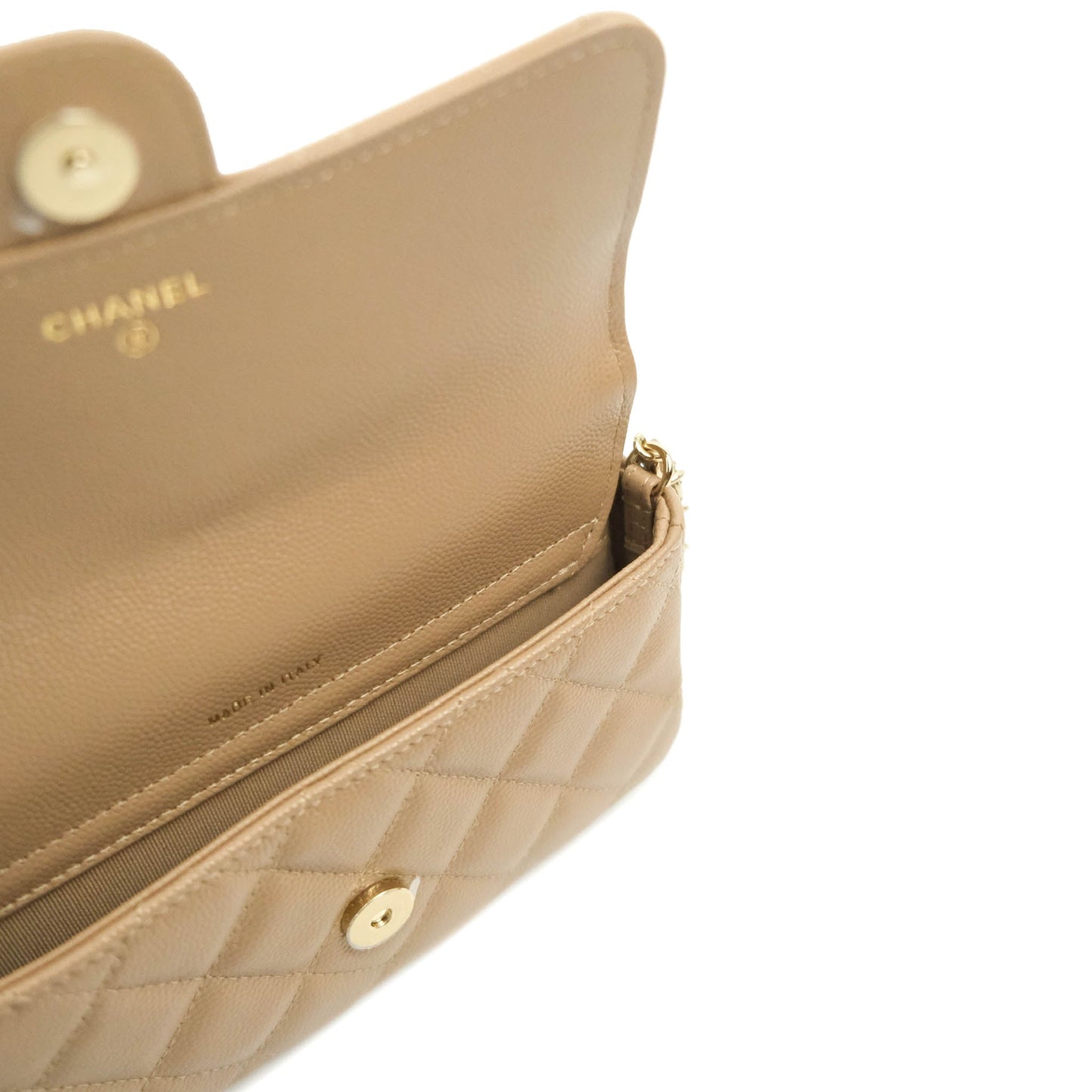 Chanel Classic Flap Phone Holder With Chain Dark Beige Caviar Gold Hardware 22A