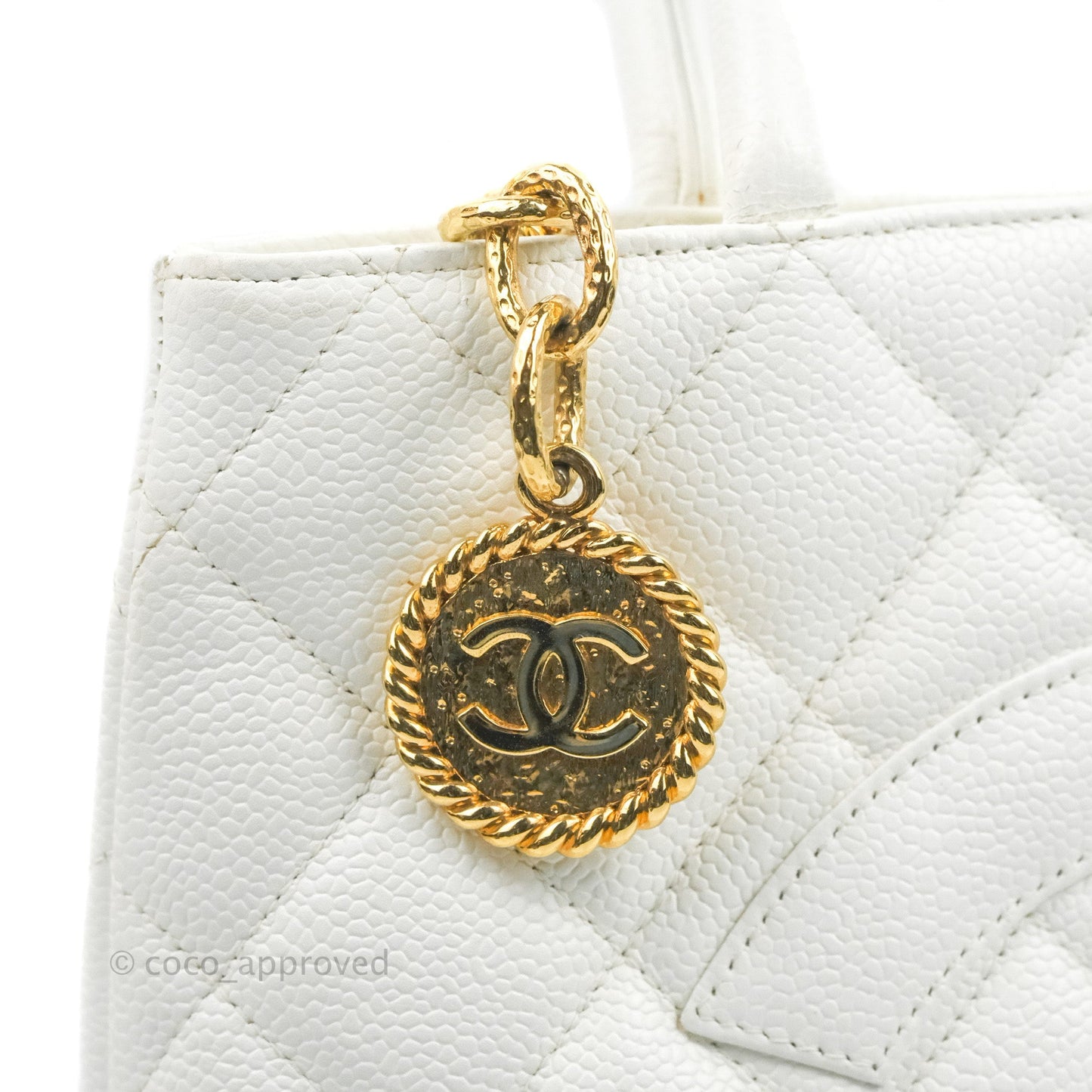 Chanel Vintage Medallion CC White Caviar Tote Bag Gold Hardware