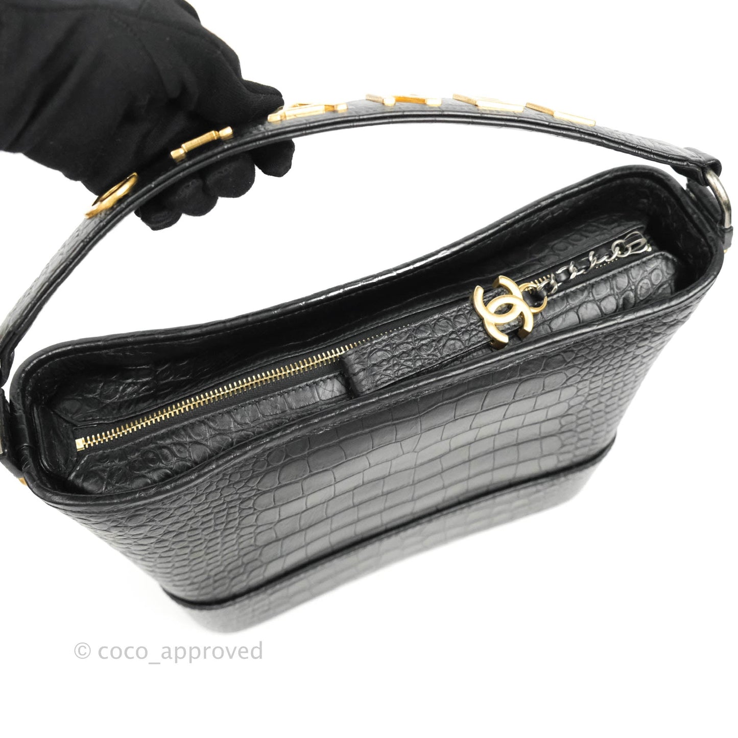 Chanel Large Gabrielle Hobo Crocodile Embossed Black Calfskin