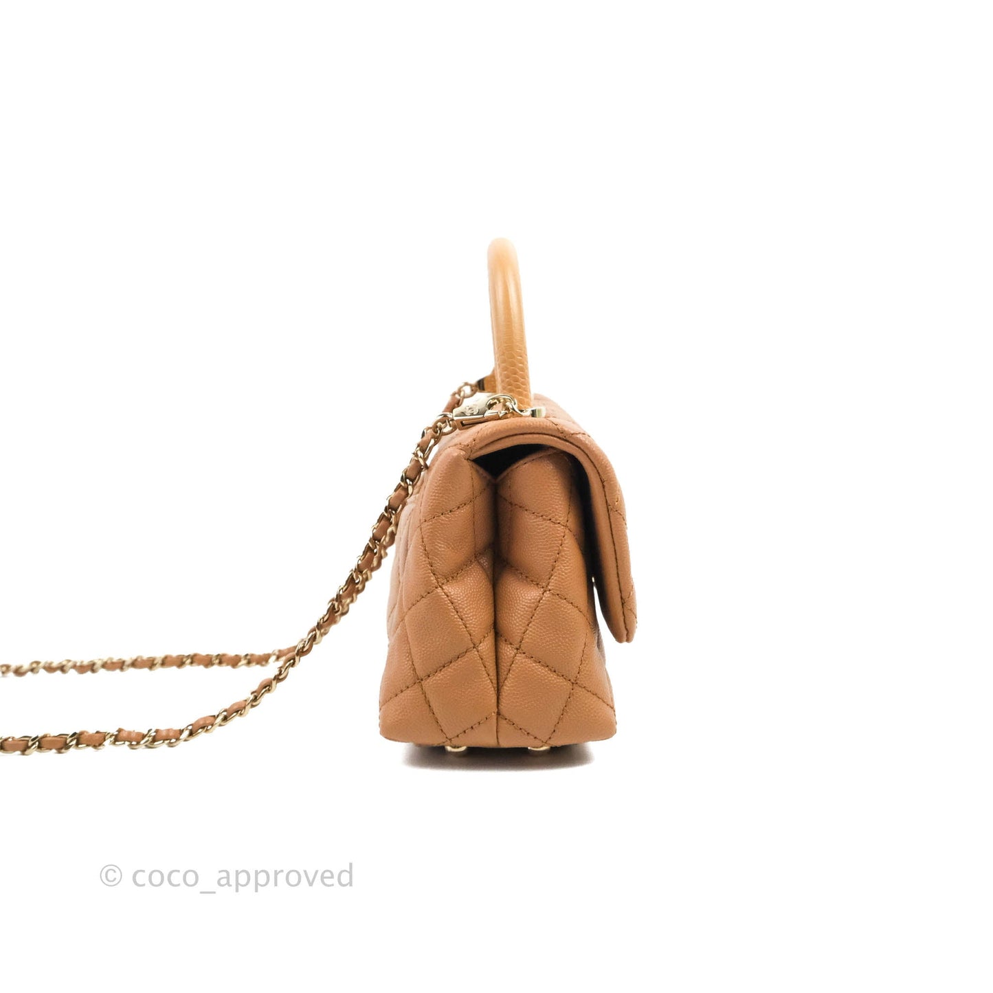 Chanel Mini Coco Handle Quilted Dark Beige Caramel Caviar Lizard Embossed Handle Gold Hardware