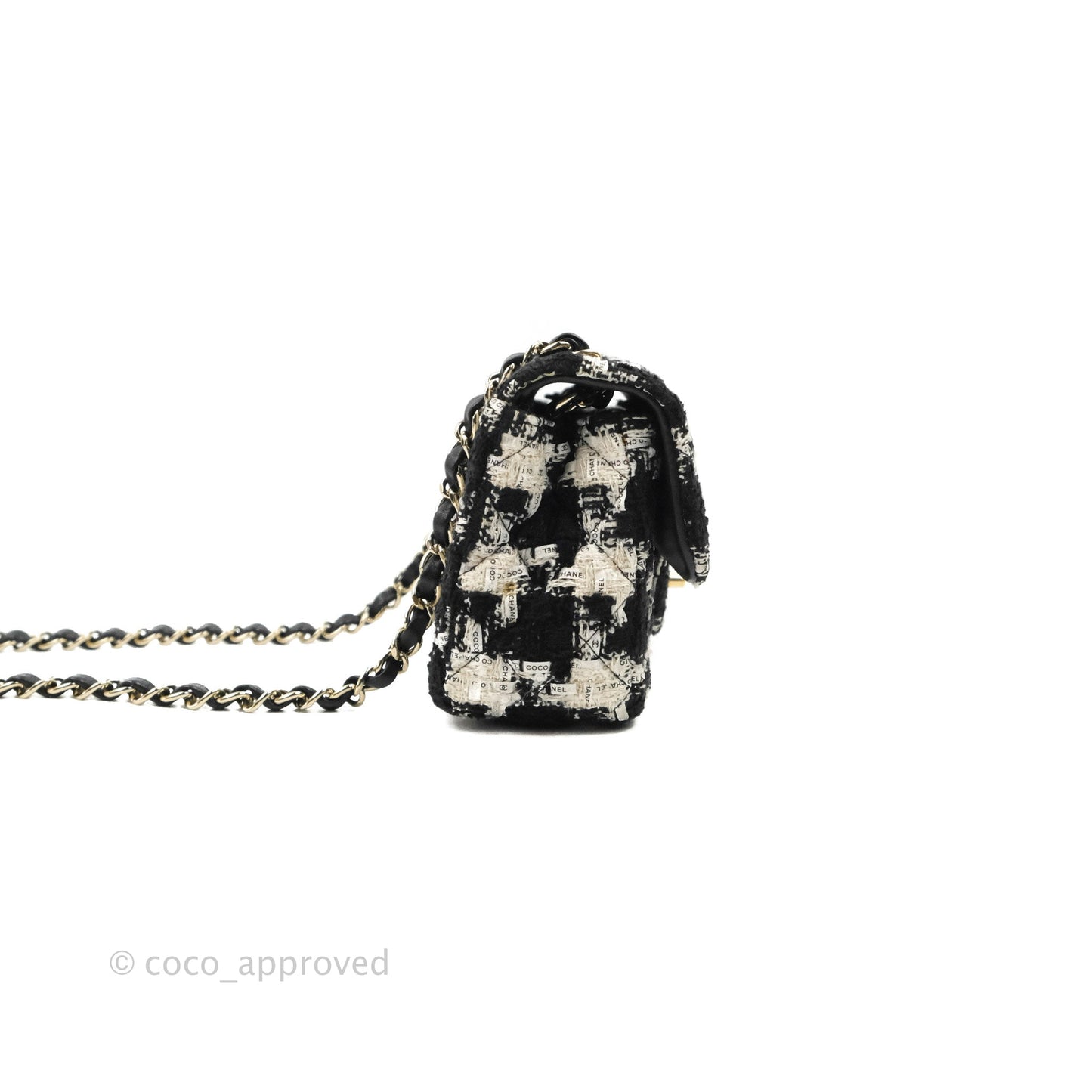 Chanel Quilted Mini Rectangular Flap Tweed Houndstooth Black & White Gold Hardware