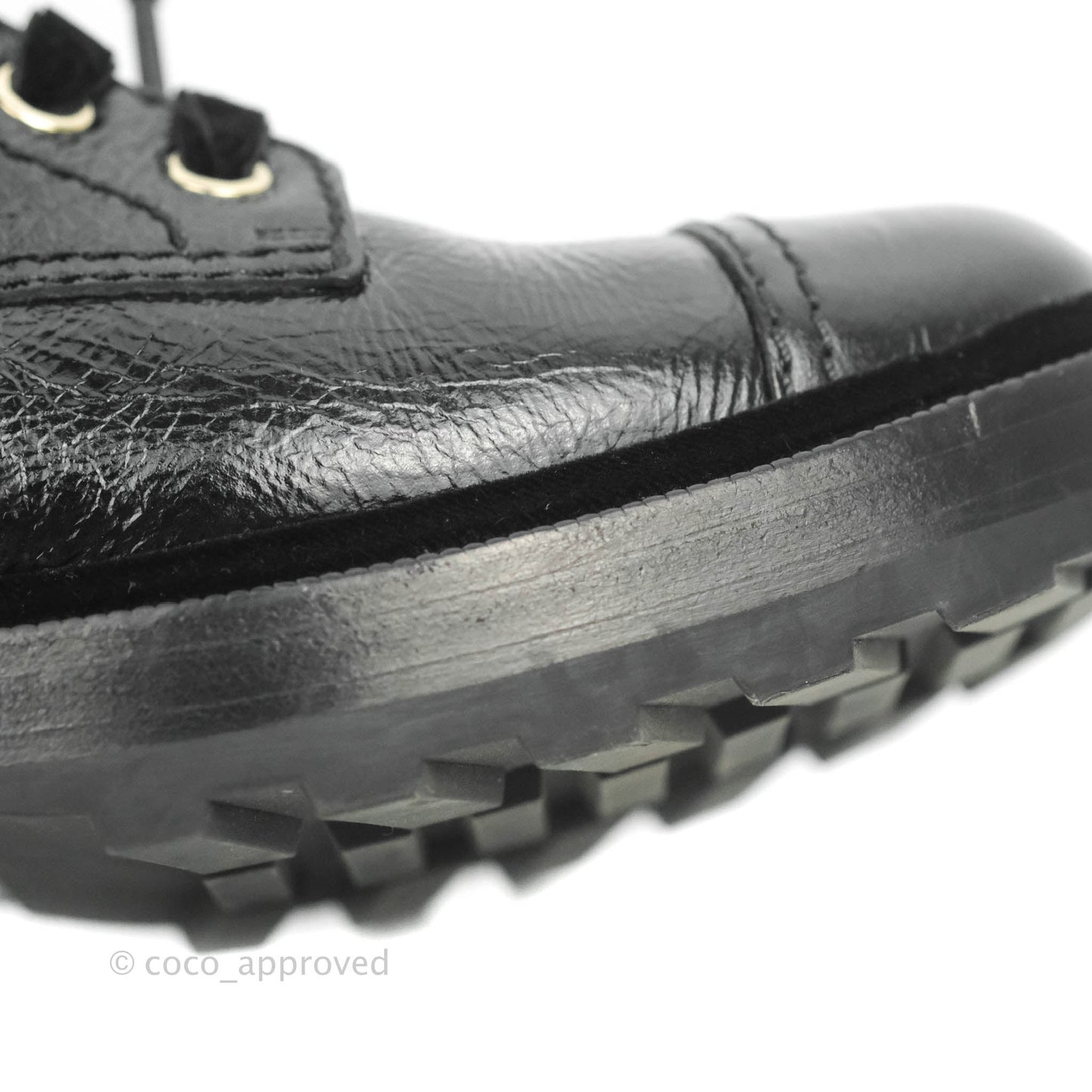 Chanel CC Pearl Crumpled Glazed Black Calfskin Combat Boots with Velvet Laces