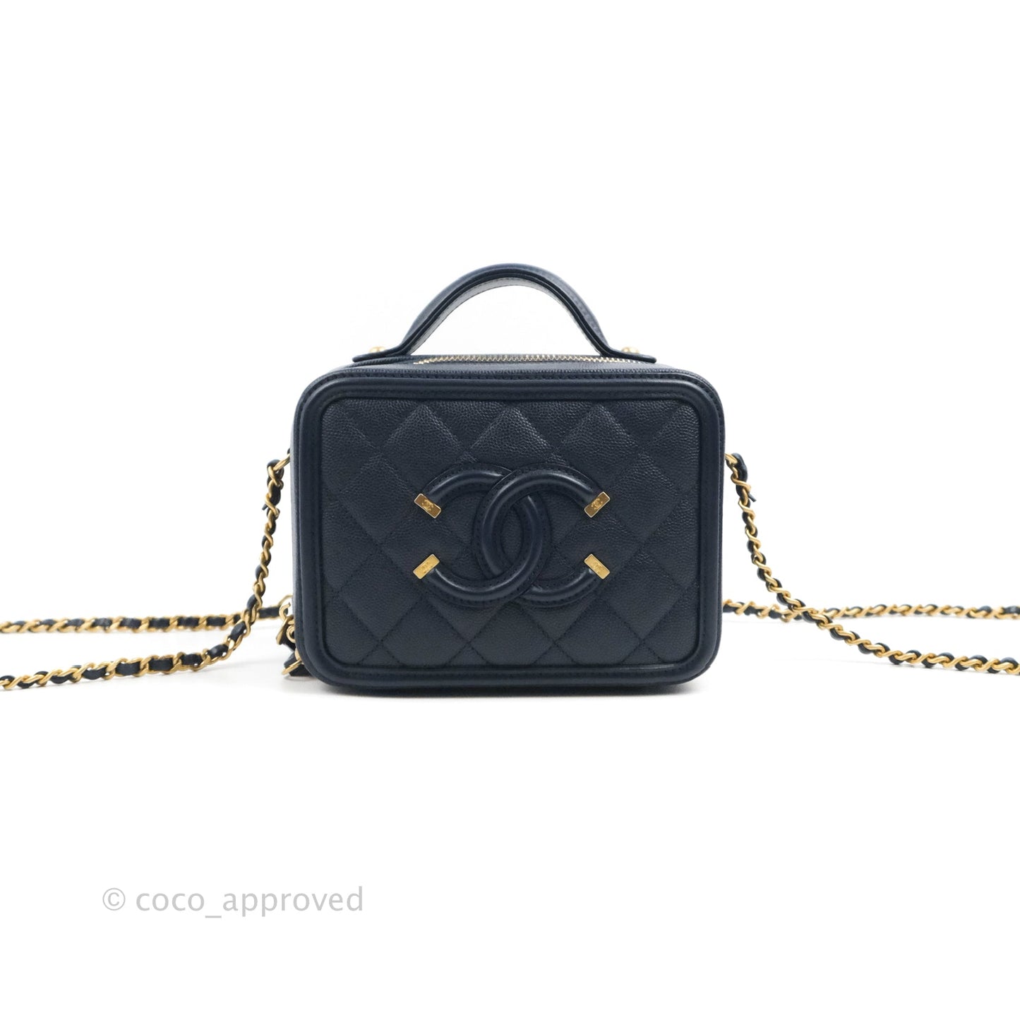 Chanel Quilted Small CC Filigree Vanity Case Navy Caviar Gold Hardware