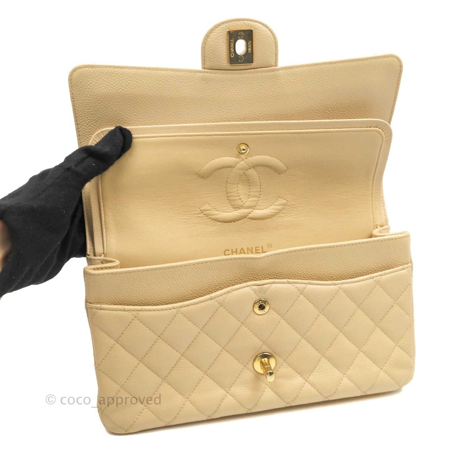 Chanel Classic Medium Flap Quilted Beige Caviar Gold Hardware