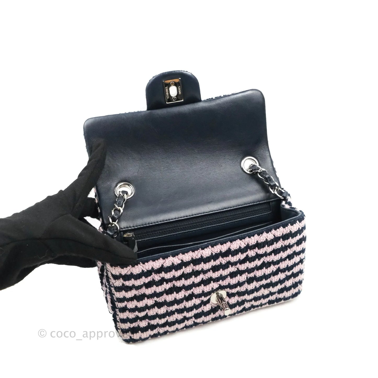 Chanel Mini Rectangular Flap Bag Navy Pink Striped Tweed Silver Hardware