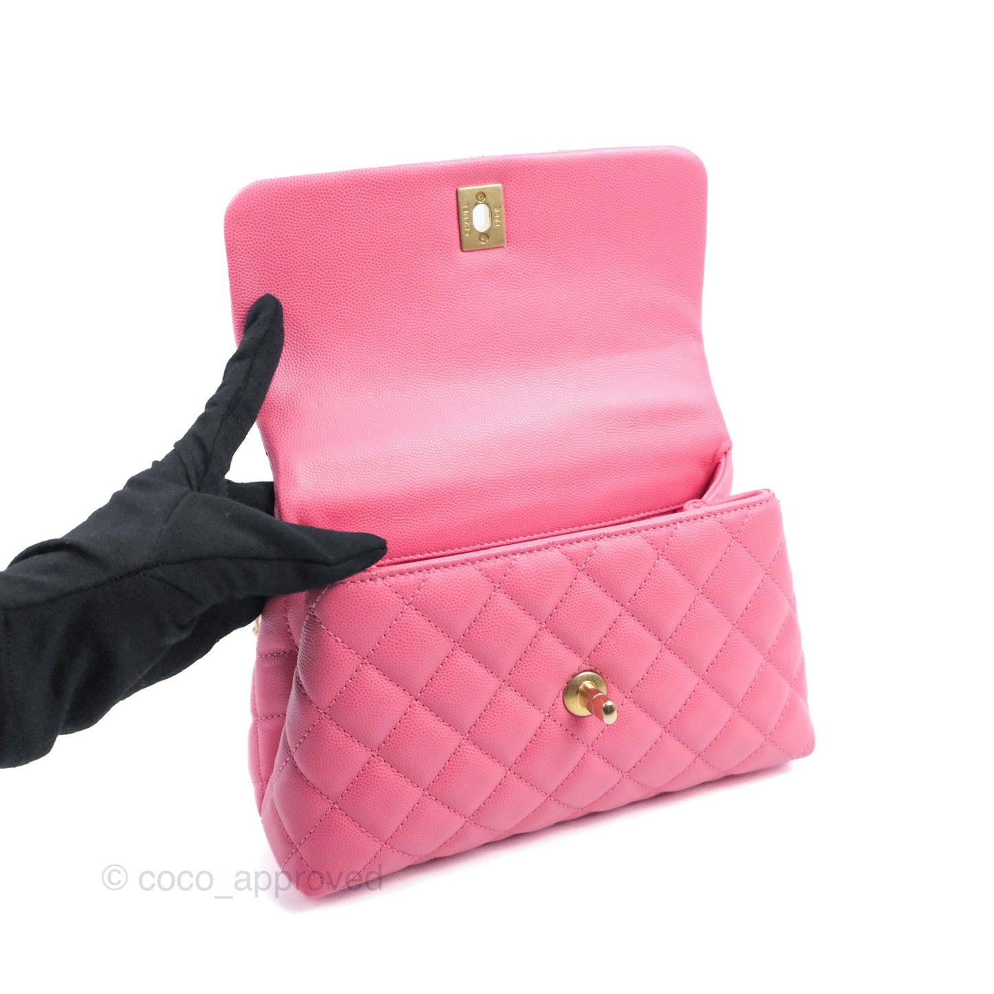 Chanel Small Coco Handle Quilted Pink Caviar Aged Gold Hardware Lizard Embossed Handle