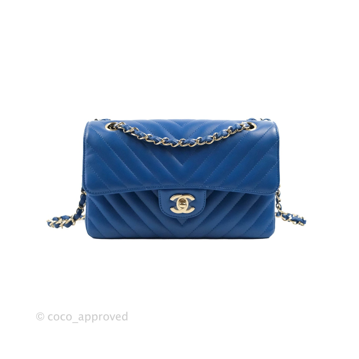 Chanel Classic Chevron S/M Small Double Flap Blue Lambskin Gold Hardware