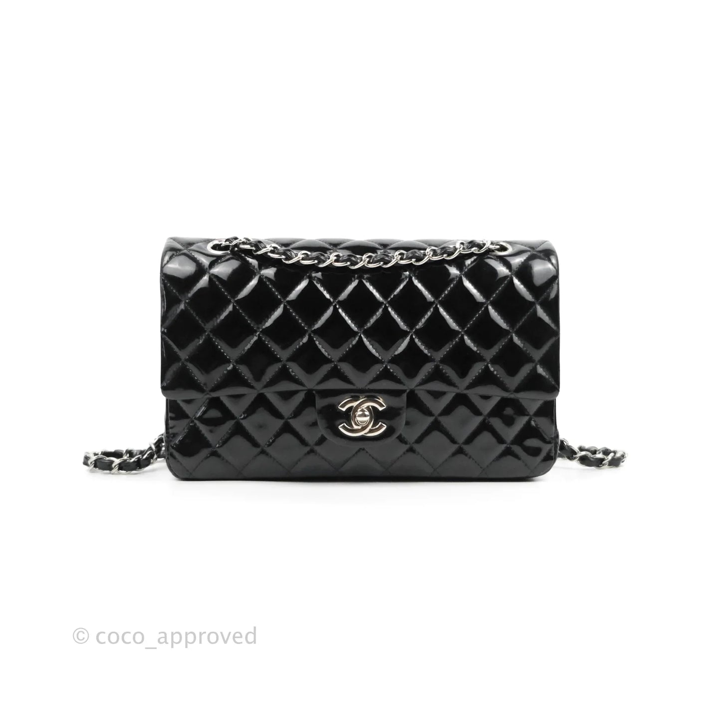 Chanel Classic Quilted M/L Medium Double Flap Black Patent Silver Hardware