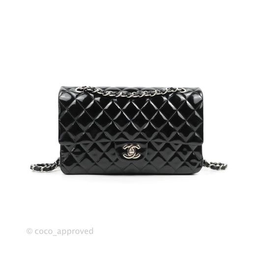 Chanel Classic Quilted M/L Medium Double Flap Black Patent Silver Hardware