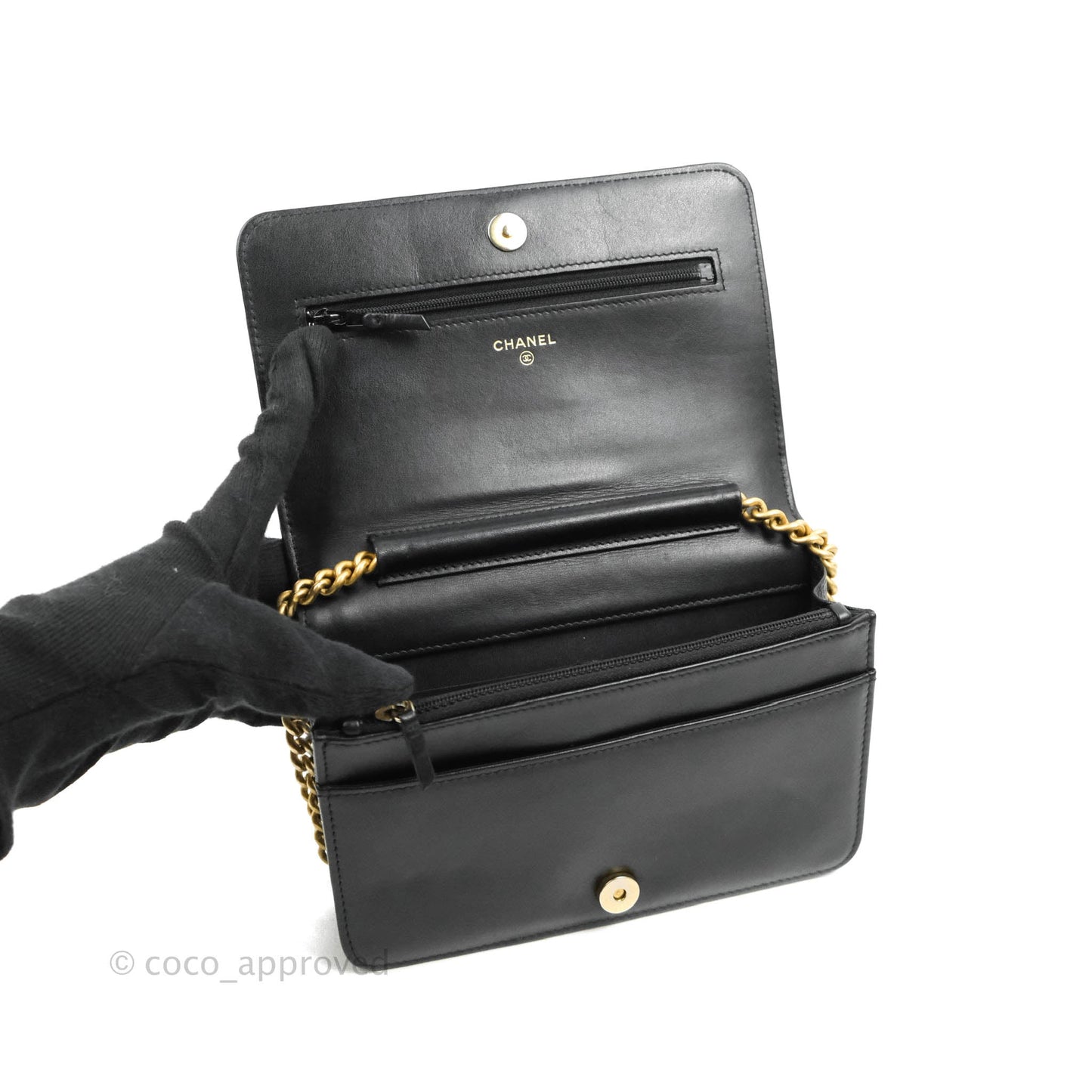 Chanel Quilted Boy Wallet on Chain WOC Black Caviar Aged Gold Hardware