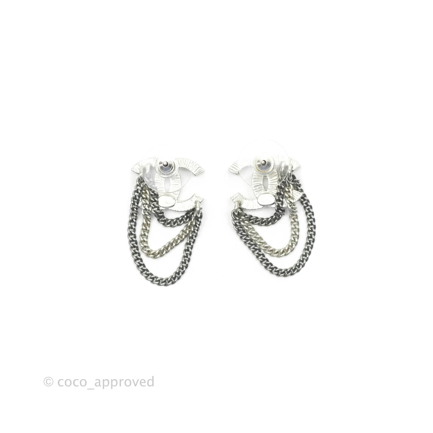 Chanel Crystal CC Chain Earrings Silver Tone 21B