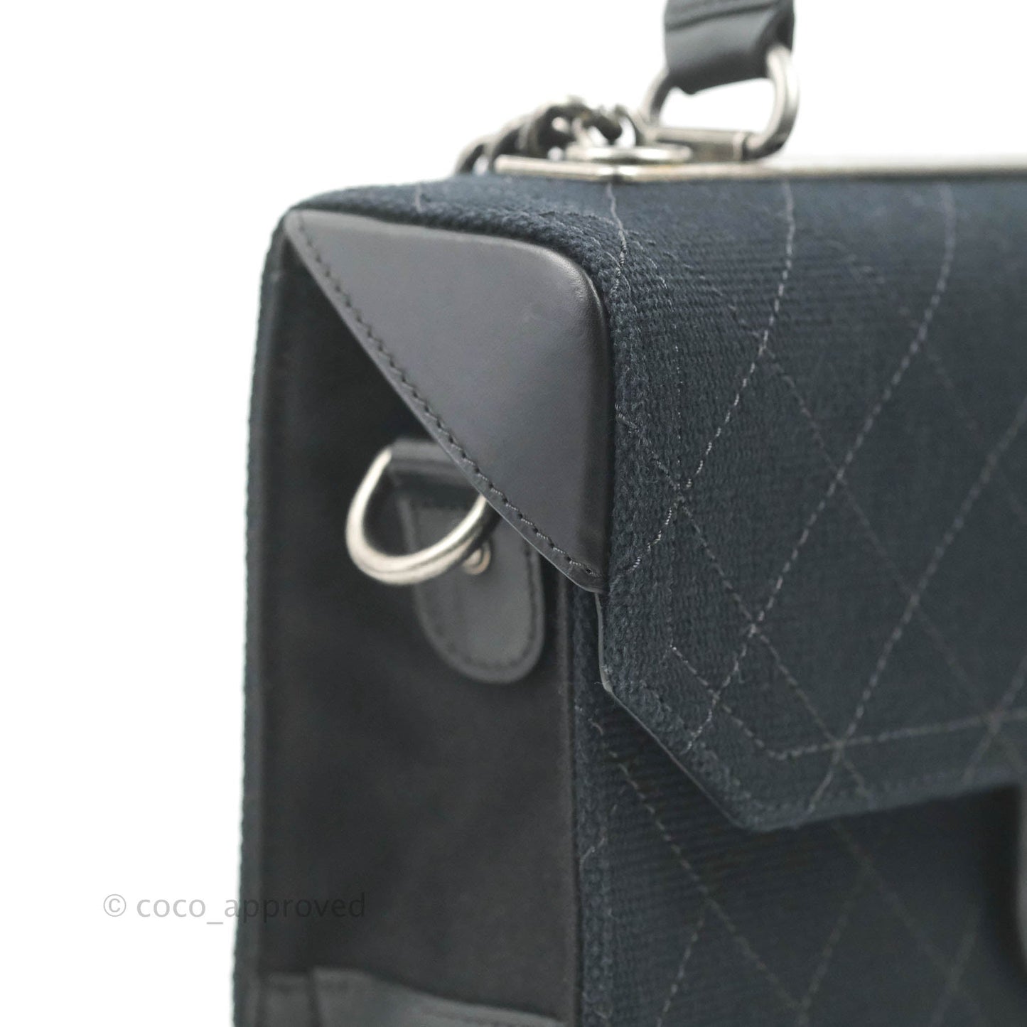 Chanel Quilted CC Top Handle with Chain Dark Navy Fabric Ruthenium Hardware 15P