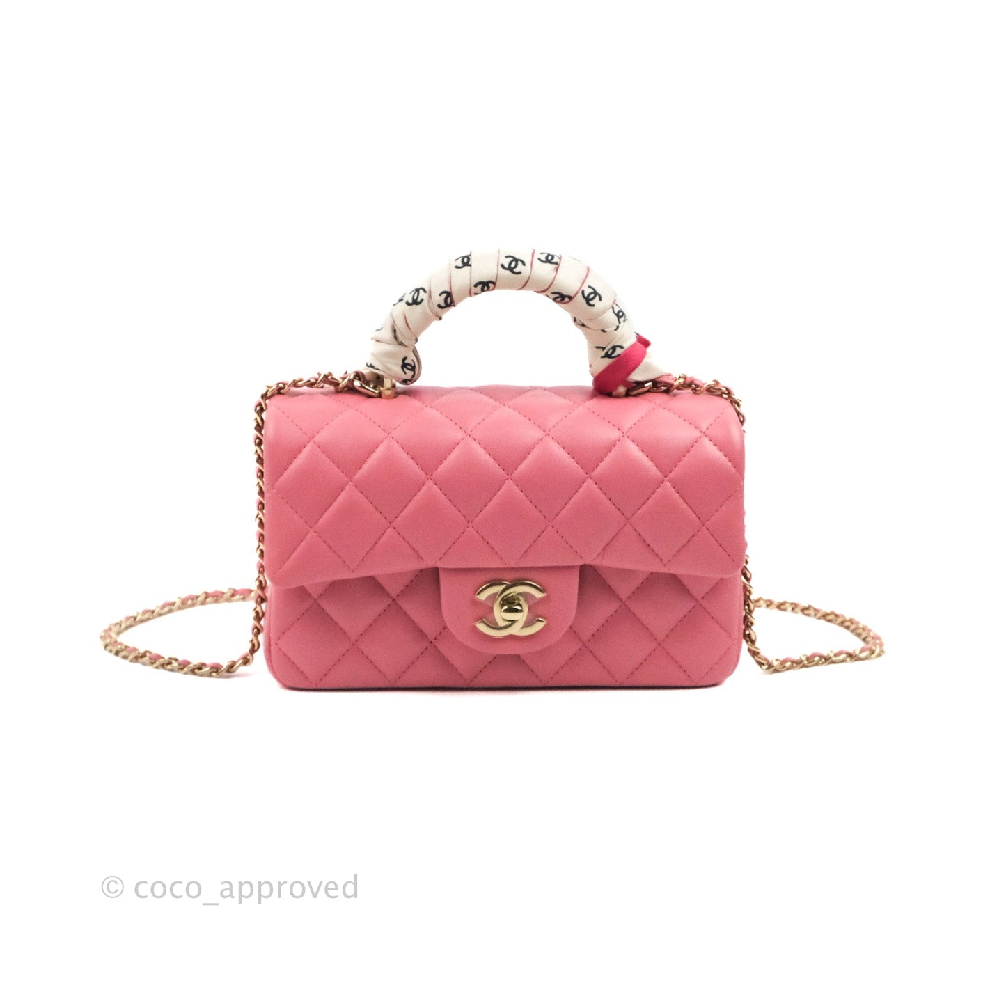 Chanel Top Handle Mini Rectangular Flap Bag Pink Lambskin Gold Hardware With Twilly