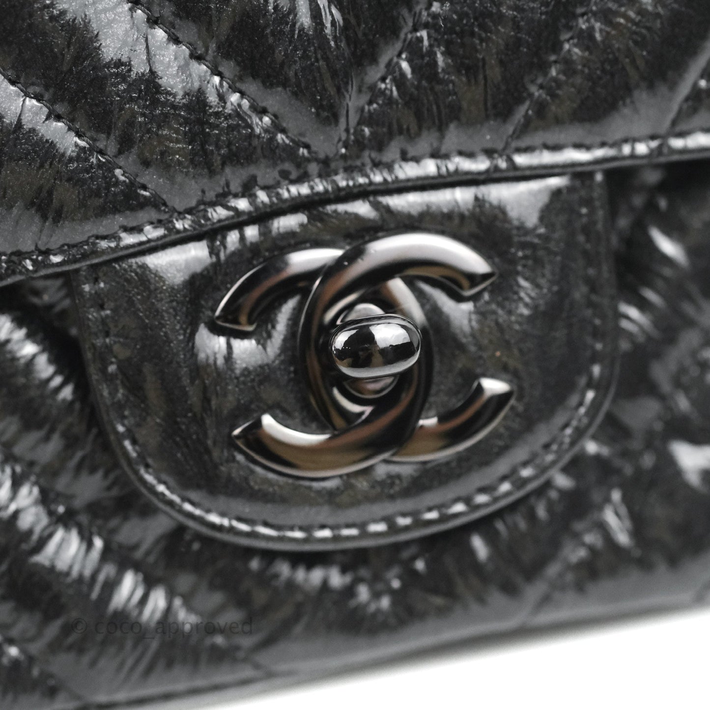 Chanel Mini Square Chevron Flap Black Crumpled Metallic Patent So Black