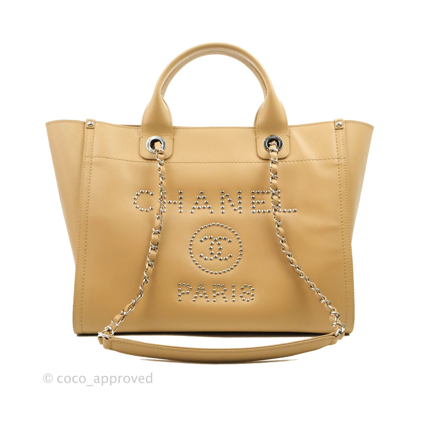 Chanel Small Studded Deauville Tote Beige Caviar Silver Hardware