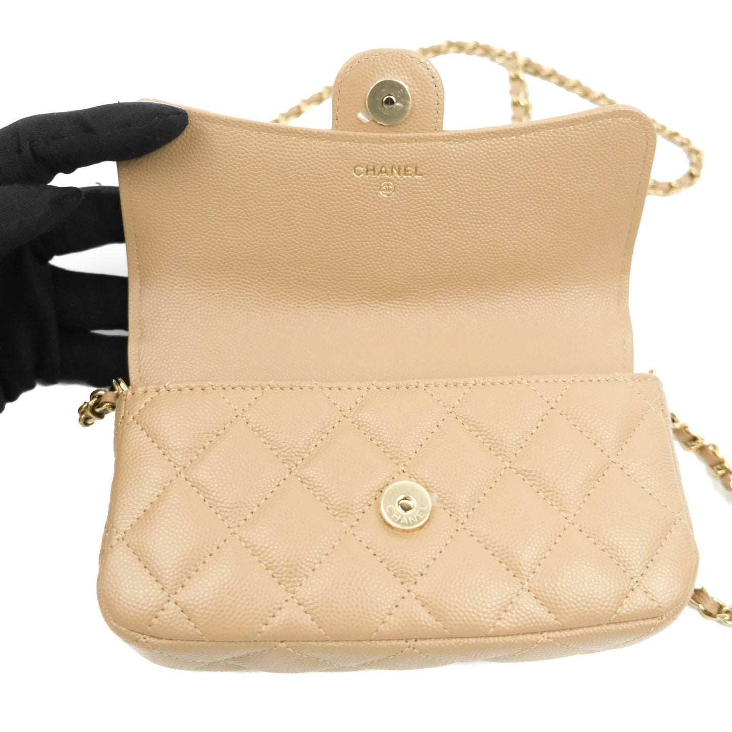 Chanel Classic Flap Phone Holder With Chain Dark Beige Caviar Gold Hardware 22A