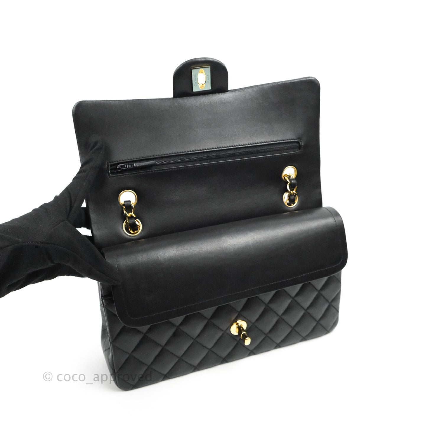 Chanel Classic M/L Medium Double Flap Black Lambskin Gold Hardware