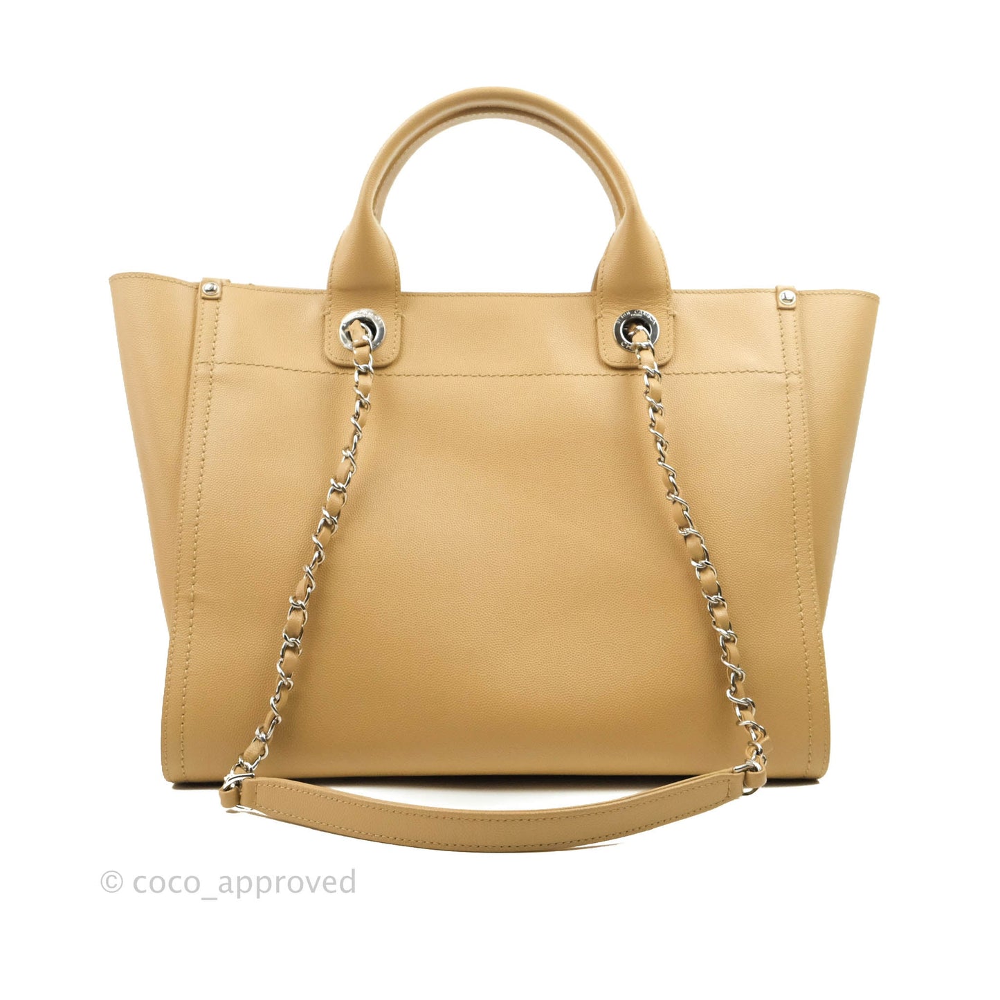 Chanel Small Studded Deauville Tote Beige Caviar Silver Hardware