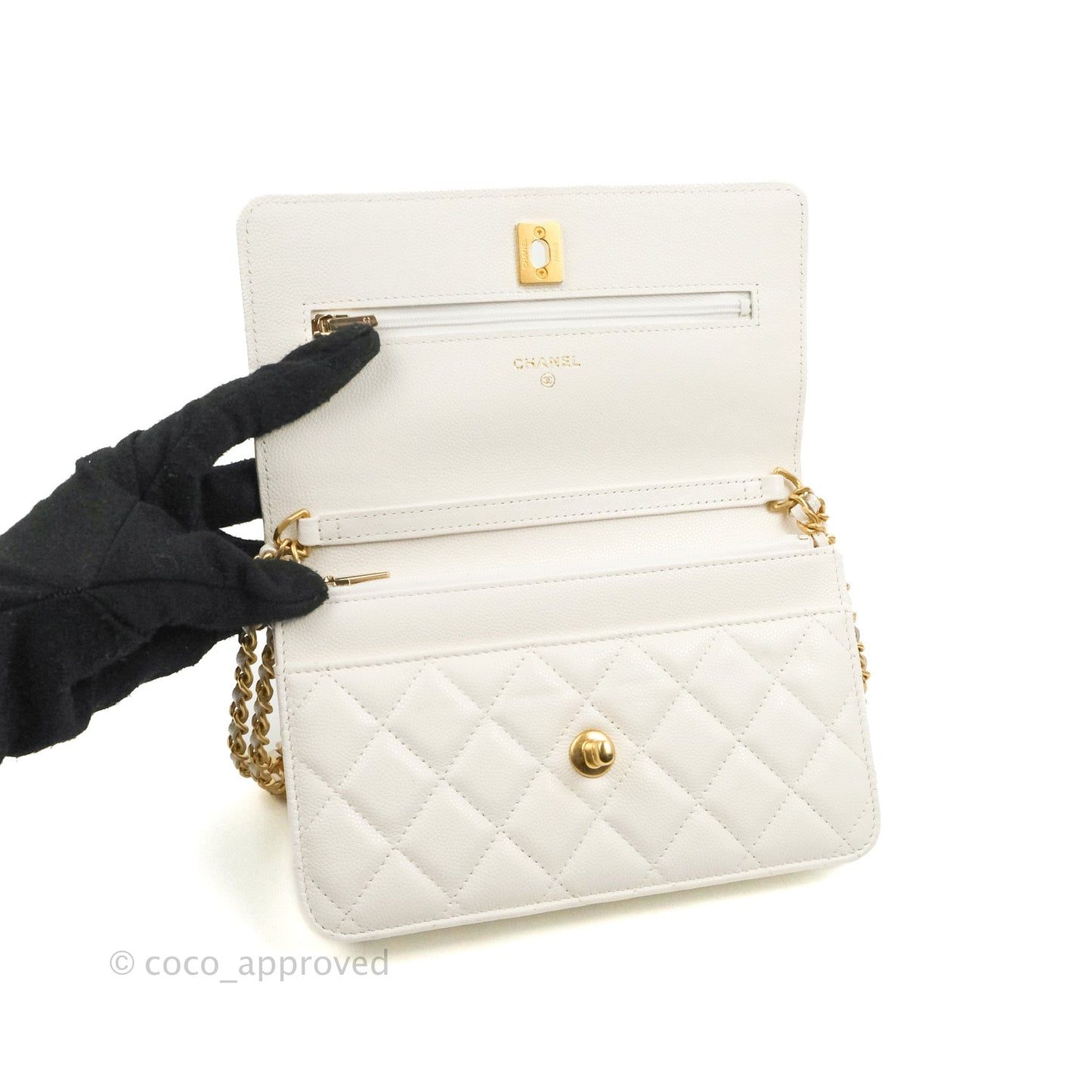 Chanel Quilted Gold CC Coin Wallet on Chain WOC White Caviar Gold Hardware