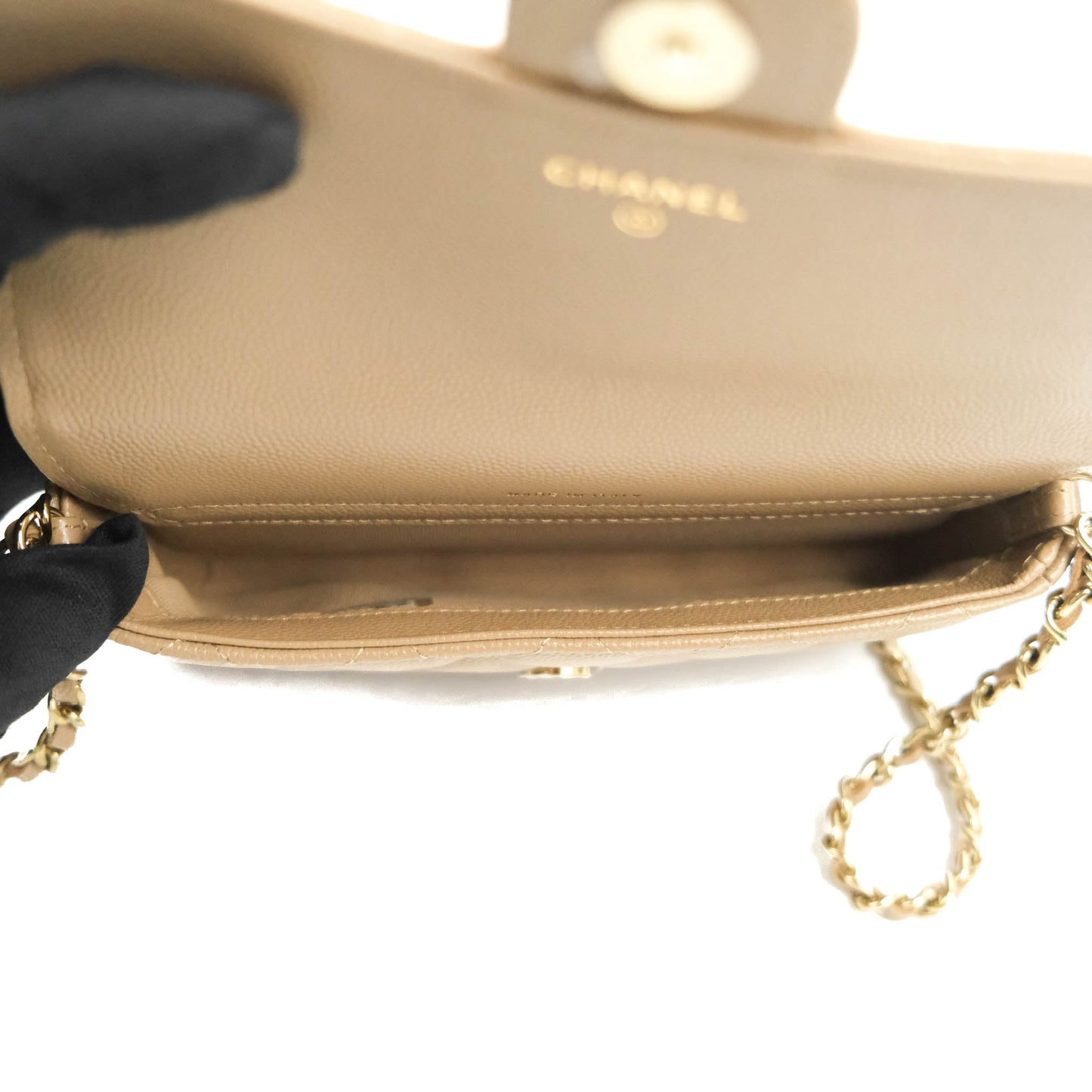 Chanel Classic Flap Phone Holder With Chain Dark Beige Caviar Gold Hardware 22A