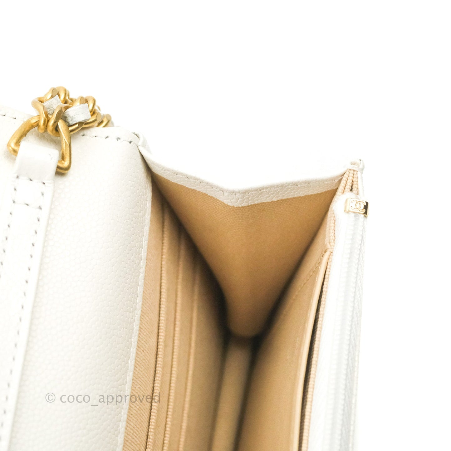 Chanel Quilted Gold CC Coin Wallet on Chain WOC White Caviar Gold Hardware