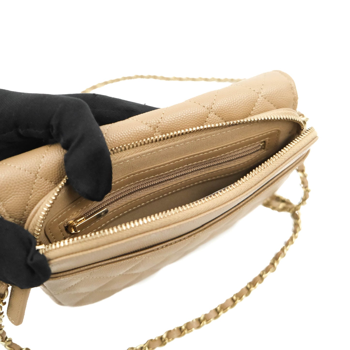 Chanel Classic Flap Phone Holder With Chain Dark Beige Caviar Gold Hardware 22A