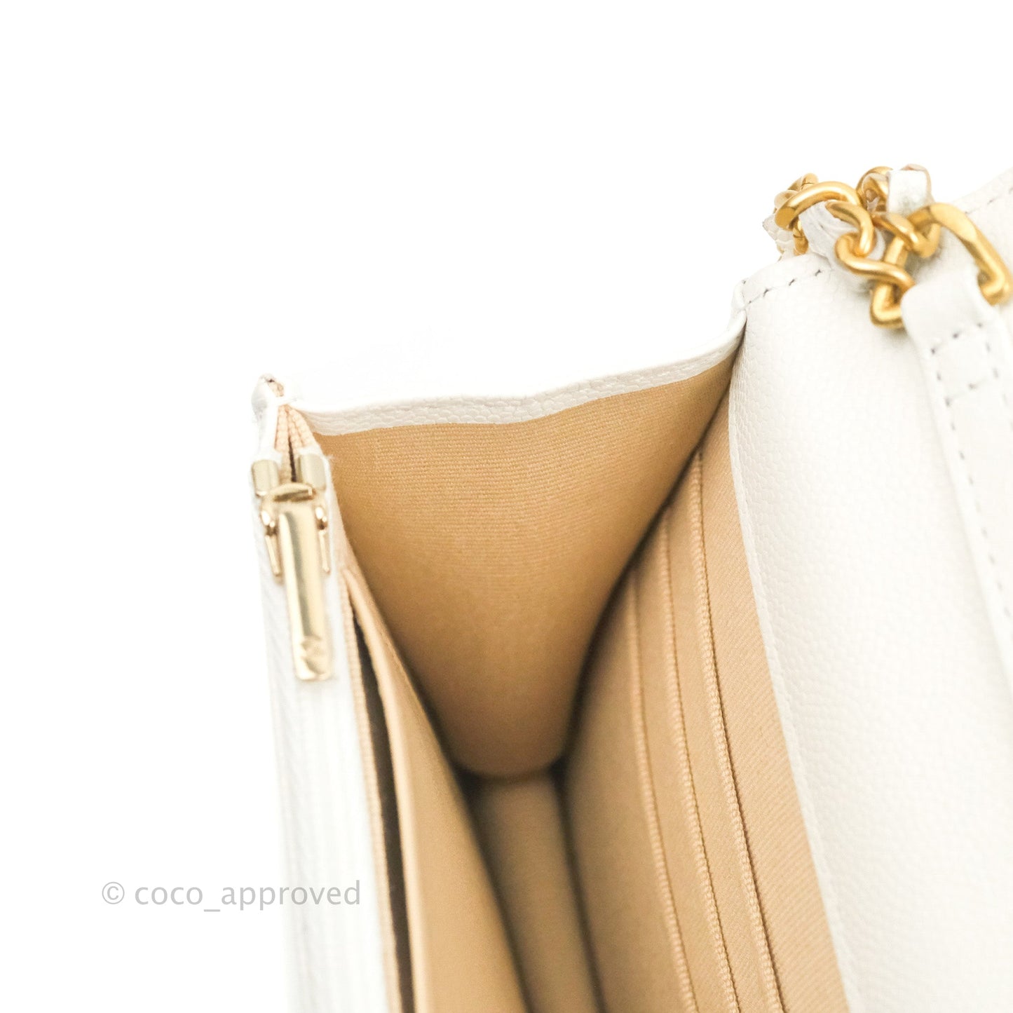 Chanel Quilted Gold CC Coin Wallet on Chain WOC White Caviar Gold Hardware