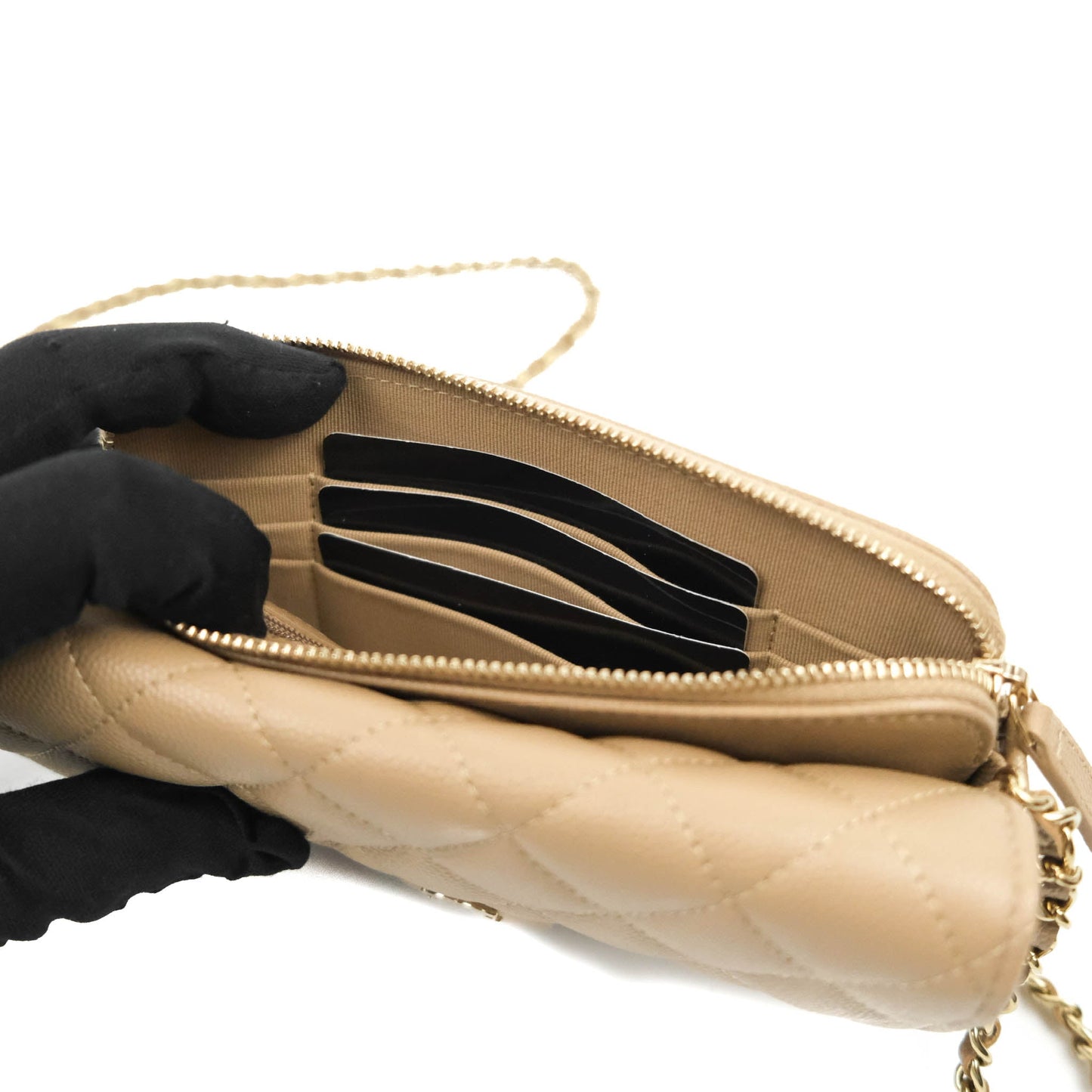 Chanel Classic Flap Phone Holder With Chain Dark Beige Caviar Gold Hardware 22A