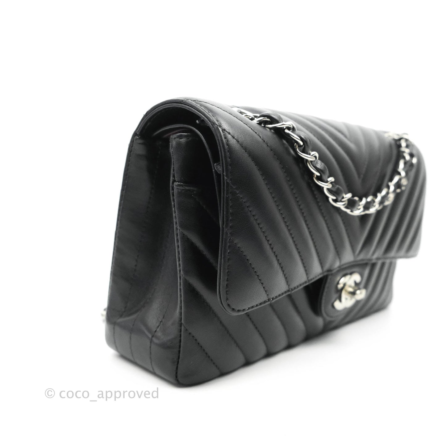 Chanel Classic M/L Medium Chevron Double Flap Black Lambskin Silver Hardware