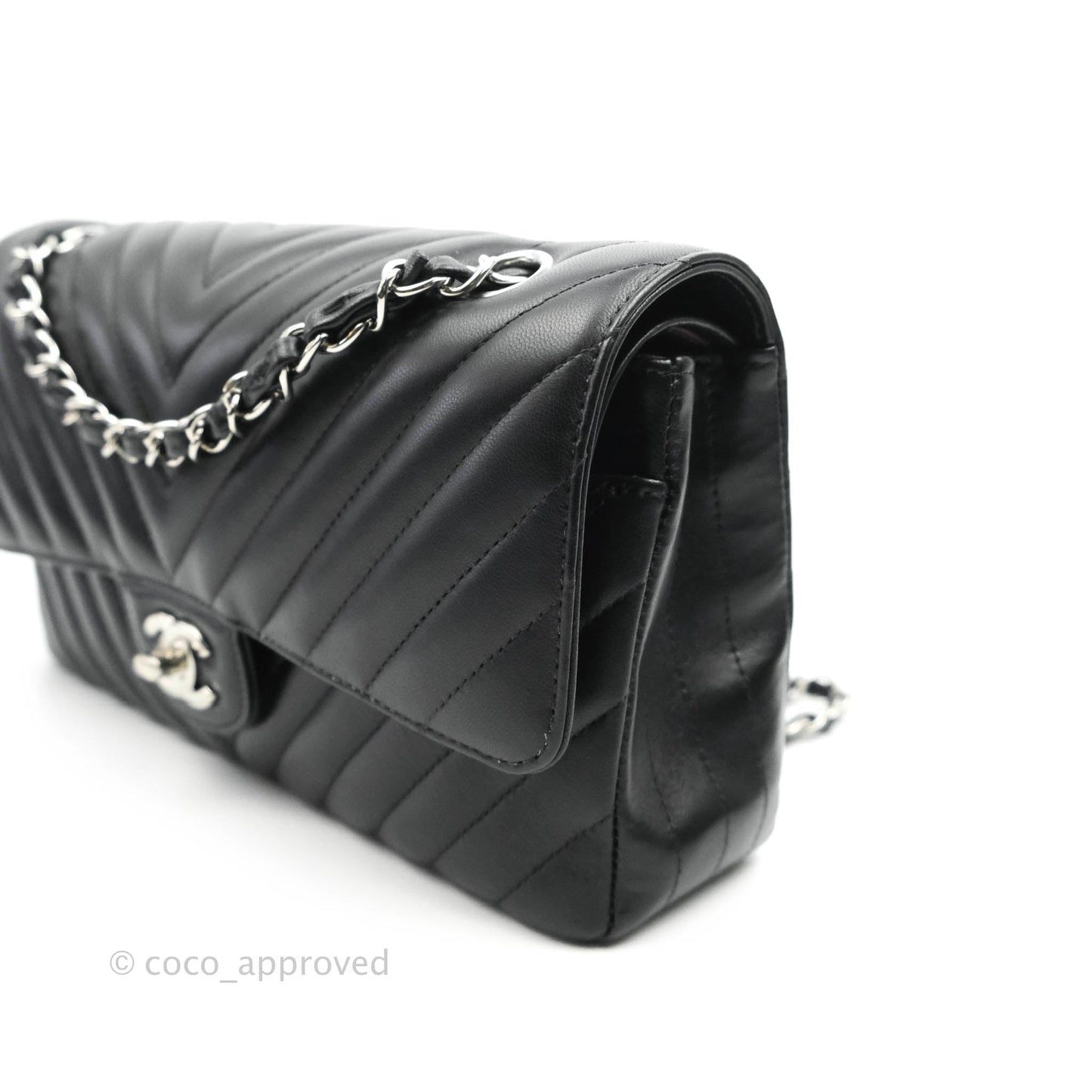 Chanel Classic M/L Medium Chevron Double Flap Black Lambskin Silver Hardware