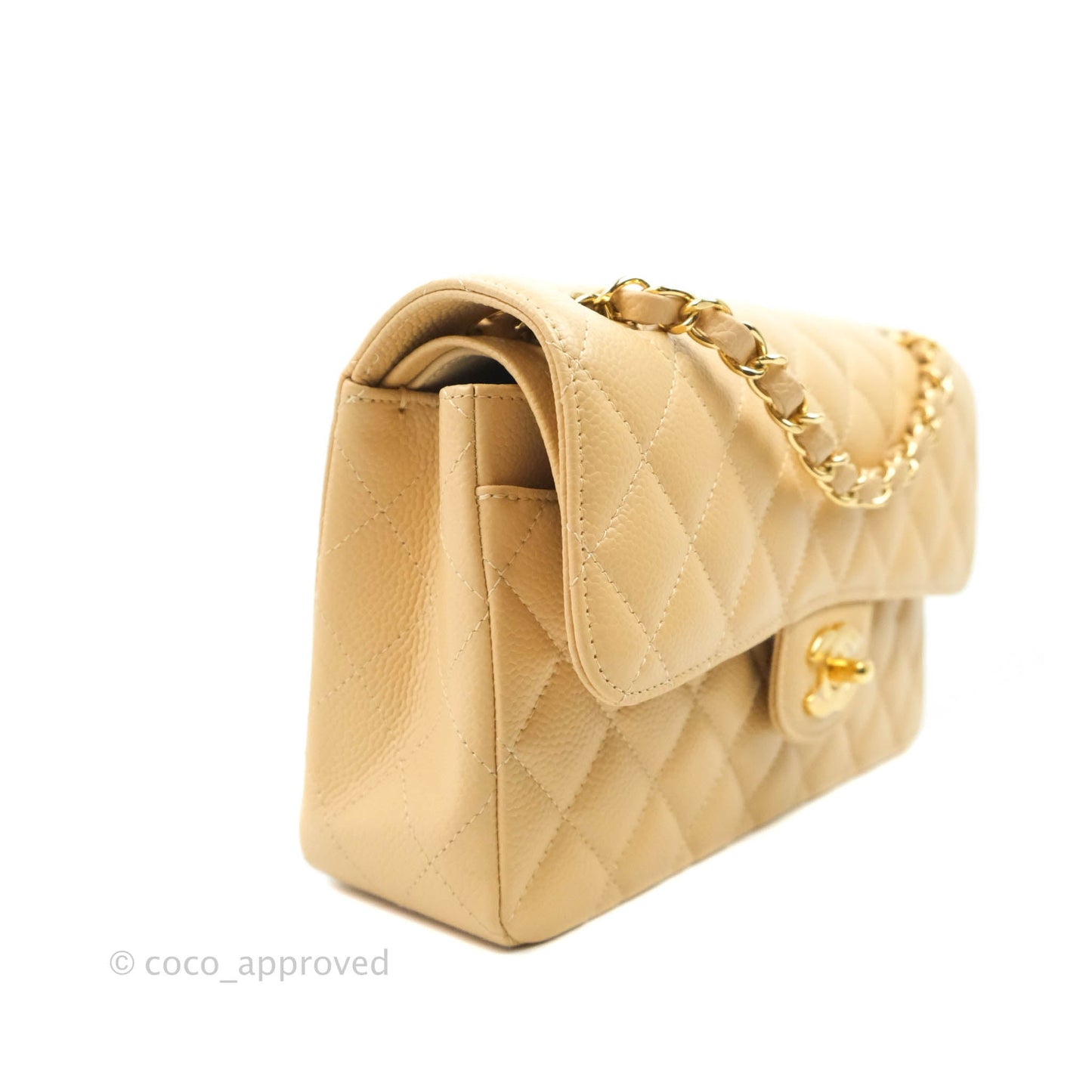 Chanel Small Classic Quilted Flap Beige Caviar Gold Hardware