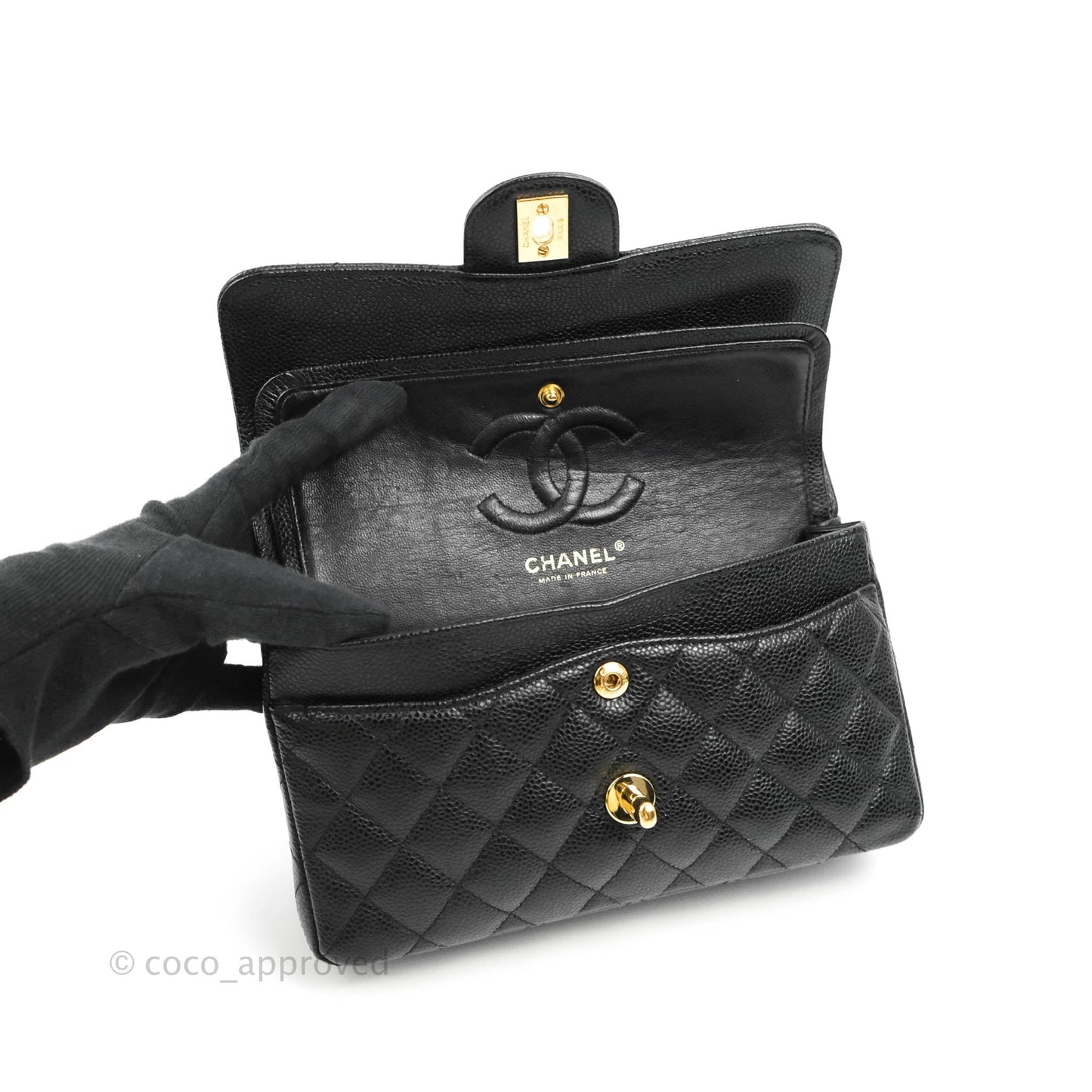 Chanel Small Classic Quilted Flap Black Caviar 24K Gold Hardware